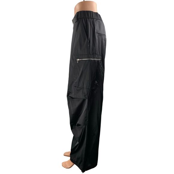 Zara Women's Black Gigh Waisted Zip Up Windbreaker Baggy Wide Leg Cargo Pants M - Picture 2 of 5